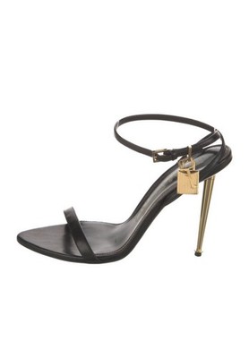 TOM FORD Women's Black Padlock 105MM Leather Sandals Shoe Size 38.5