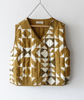 ICHI Antiquites Cotton Quilt Vest Block Print Reversible NEW