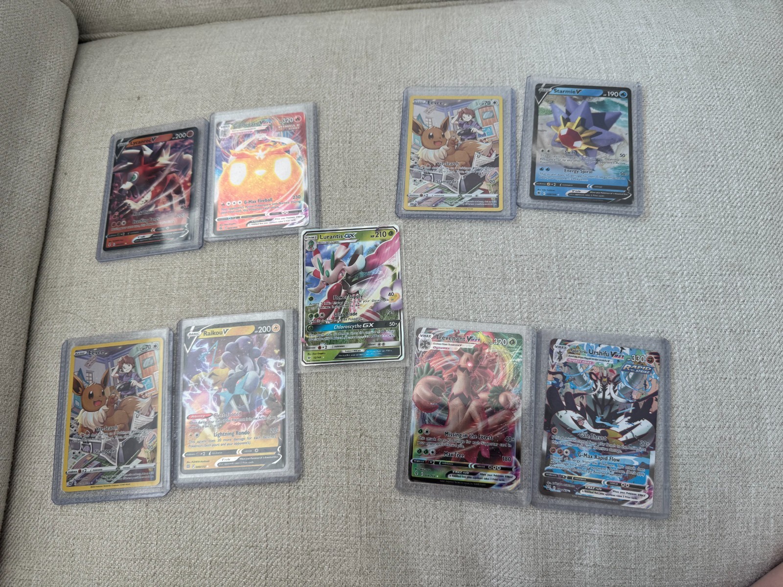 Lot of 9 Pokemon Card Holo Rare Cards–V, VMAX & GX-Lycanroc, Cinderace Eevee etc