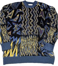 Zara Men's Sweater M Geometric Jacquard Knit 90's Retro Black Blue Yellow
