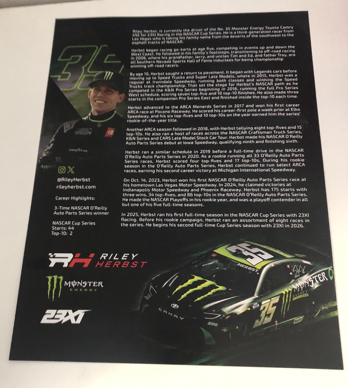 Nascar Driver #35 Riley Herbst Monster Energy 2026 Postcard | eBay