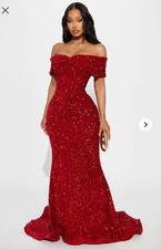 fashion nova dress Sequins Red Gown Maxi Prom Wedding Party Sz L Off Shoulders