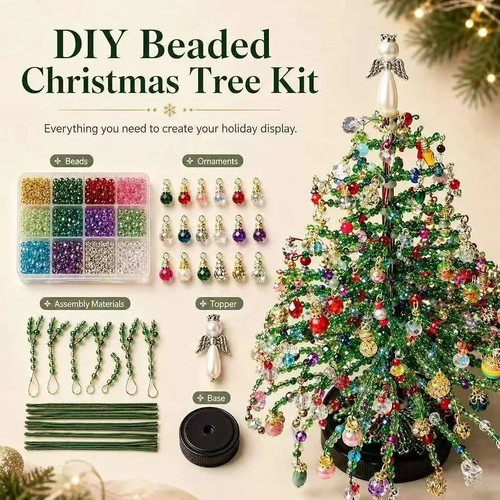 DIY Beaded Christmas Tree Craft Kit with LED Lights Tabletop Ornament Decor Set