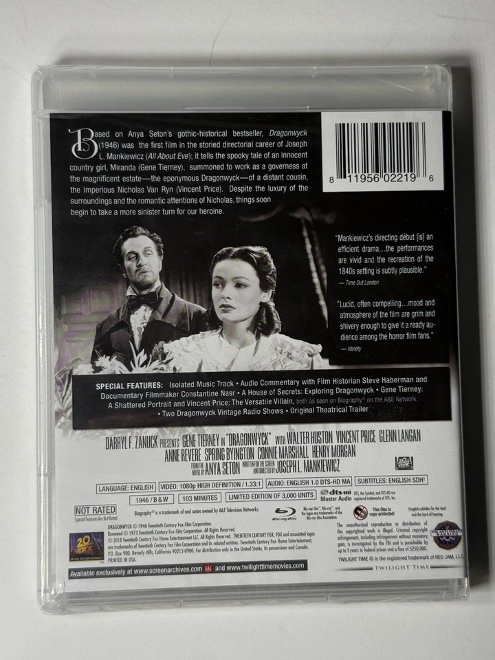 DRAGONWYCK (1946) Blu-Ray TWILIGHT TIME VINCENT PRICE BRAND NEW  OOP - Image 2 of 2