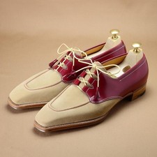 Handmade Mens Beige Suede, Red Leather Derby ...