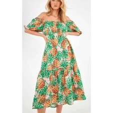 Farm Rio Pineapple Garden Linen Dress Off Shoulder Puff Sleeve Midi M Tropical