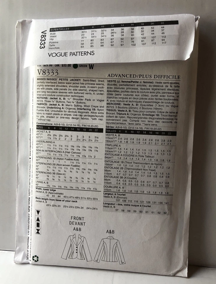 Vogue 8333 Misses Claire Shaeffer Couture Jacket Pattern Size 18-20-22 Uncut. - Image 2 of 2