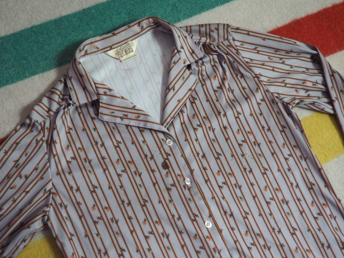 VTG 70s SEARS Perma Prest Poly Floral Striped Gray Orange VTG 70s SEARS Perma Prest Poly Floral Striped Gray Orange