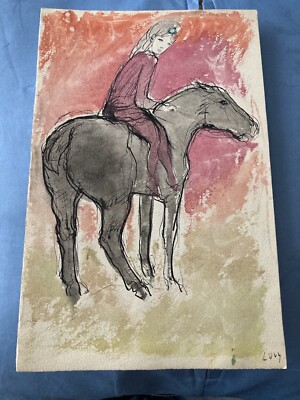 Etienne Lovy Original Watercolor Horse Rider Equestrian Signed Drawing