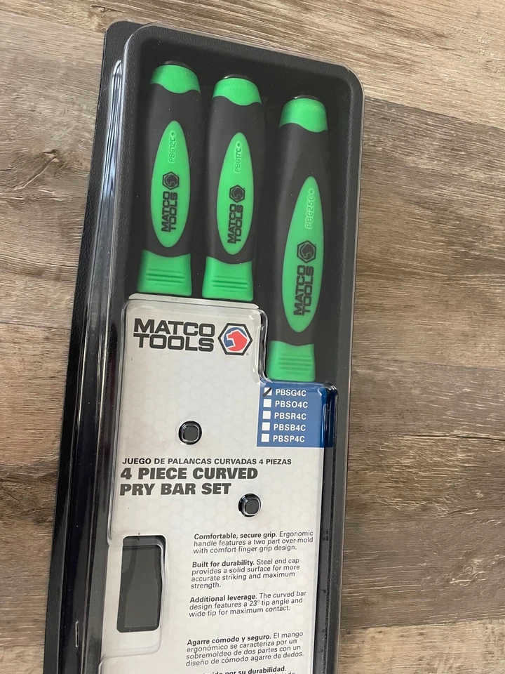 Запечатанный/новый Matco 4 шт. зеленый изогнутый наконечник Prybar набор в лоток для хранения (8,12,17,25») - Изображение 4 из 4