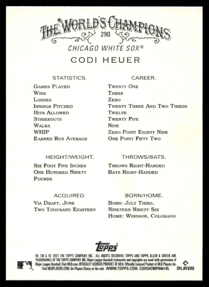 Codi Heuer 2021 Topps Allen & Ginter X Rookie RC Black Card #290 Chicago White - Image 2 of 2