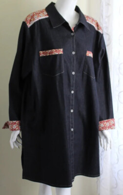 NEW Koos of Course 2X Chic Dark Denim Patchwork Floral 36.5''L Shirt Jacket Tunic