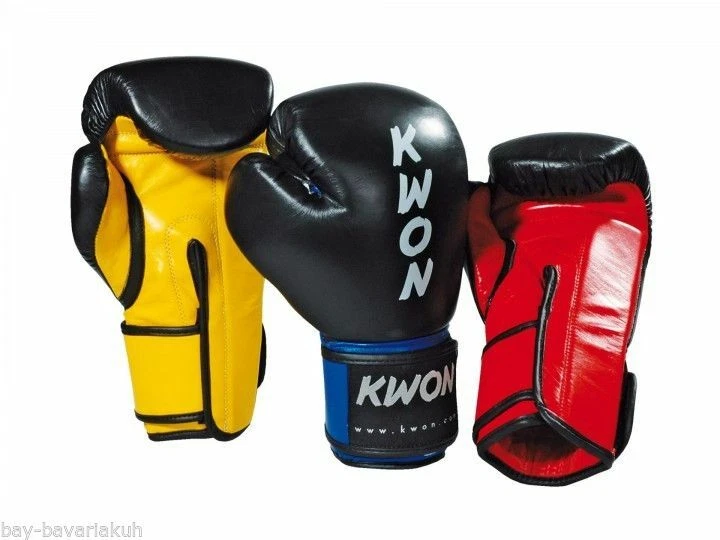 KWON® LEDER KO Champ Box-Handschuhe Boxhandschuhe 10 12 16 UZ schwarz rot gelb