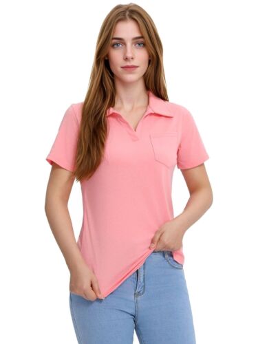 Women's V Neck Polo Shirts Short Sleeve Collared Tops Tunic Blouses with Pocket - Picture 7 of 14