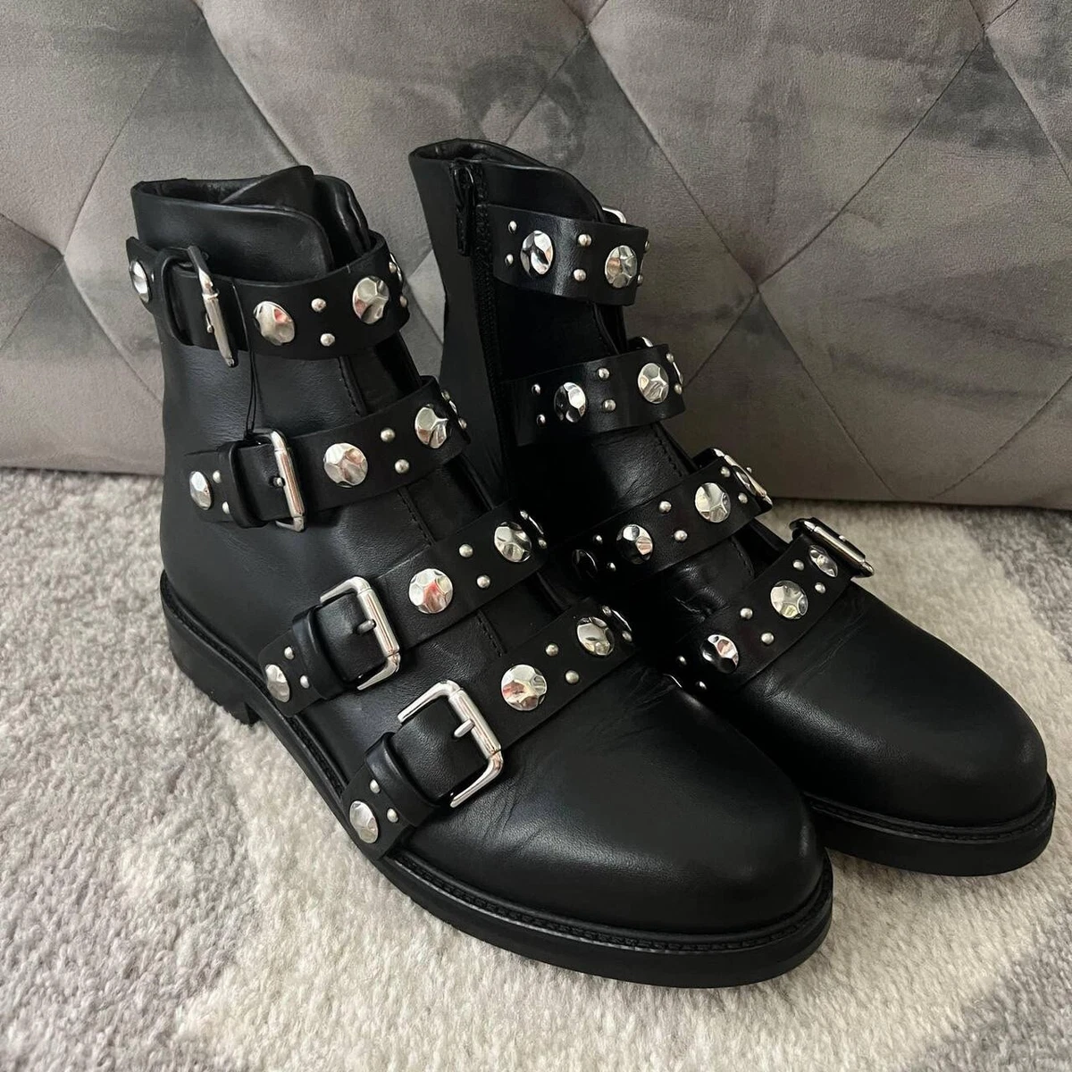 Maje Women s Black Leather Studded Strap Ankle Boots Shoes Size 39 US 8 8.5