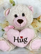 HUG Teddy Bear Plush Sitting Pink Heart Stuffed Animal Love Theme Ivory