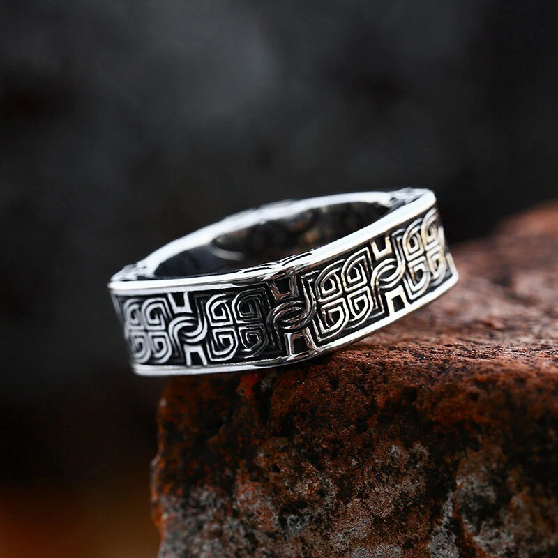 PAMTIER Men's Stainless Steel Elephant Ring - Hindu Gothic Tribal Band In Silver/Black, Size Adjustable