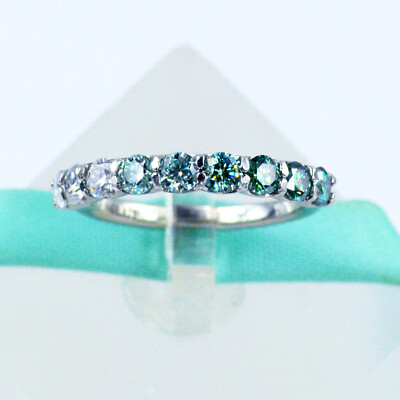 Ombre 3MM White Blue Green Moissanite Wedding Band, 925 Sterling Silver Ring