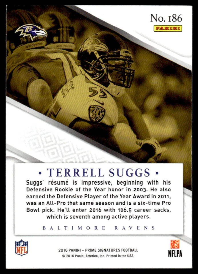 2016 Panini Prime Signatures Proof - Terrell Suggs /149 Baltimore Ravens #186 - Image 2 of 2