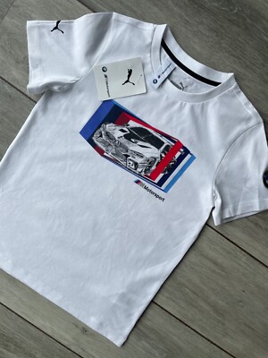 Puma weißes BMW MMS M Motorsport Auto Grafik Jugend T-Shirt Tee Oberteil Kinder Alter 7-8