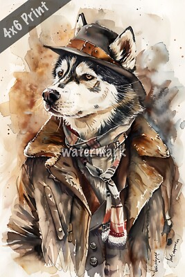#ad Dog Siberian Husky in old fashioned outfit watercolor Art 4x6 Print $8.40