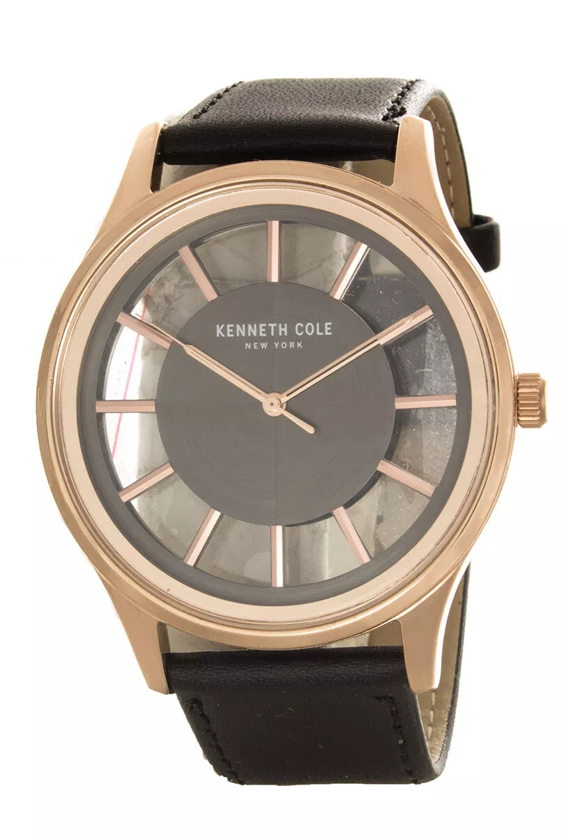 Kenneth Cole Transparent Dial Gold Case Black Leather Band Watch KC50500004