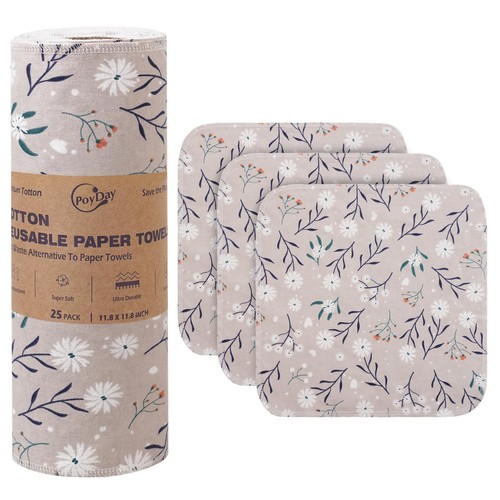 Paper Towels Washable Roll: 25Pack Cotton Cloth Paper Towels 11.8x11.8In Abso...