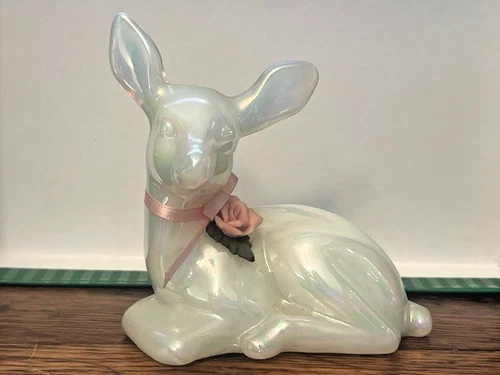 Vintage FENTON Pearly Sentiments Iridescent Glass Deer Figurine w/ Rose & Ribbon