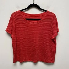 Eileen Fisher Womens Red Striped Organic Linen Oversized Short Sleeve Boxy Top M
