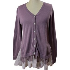 Maglione cardigan donna LOGO Lori Goldstein S viola pastello pizzo peplo cashmere