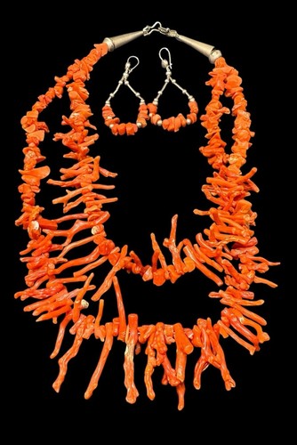 Navajo Sterling Silver Red Branch Coral Jewelry Set Necklace Dangle Earrings - Picture 1 of 7