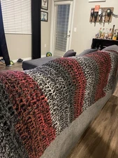 Handmade Knit Crochet Throw Blanket Afghan Row Red White Black Gray 66x44