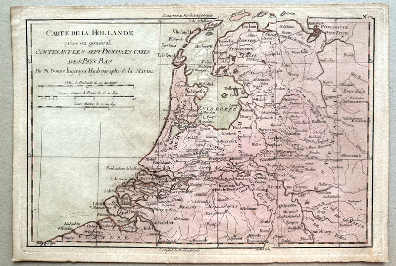 RARE 18thC Orig. Map of the Netherlands French by Bonne Plate # 17 Hand Colored