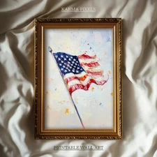 USA Flag Print, Oil Painting Printable Wall Art, Patriotic American Flag Art,