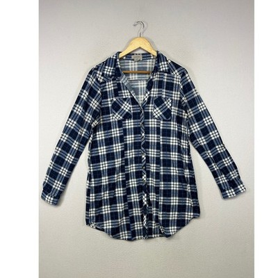 Casual Plaid Passport Womens XL Navy Blue Button Down Roll Tab Tunic Shirt