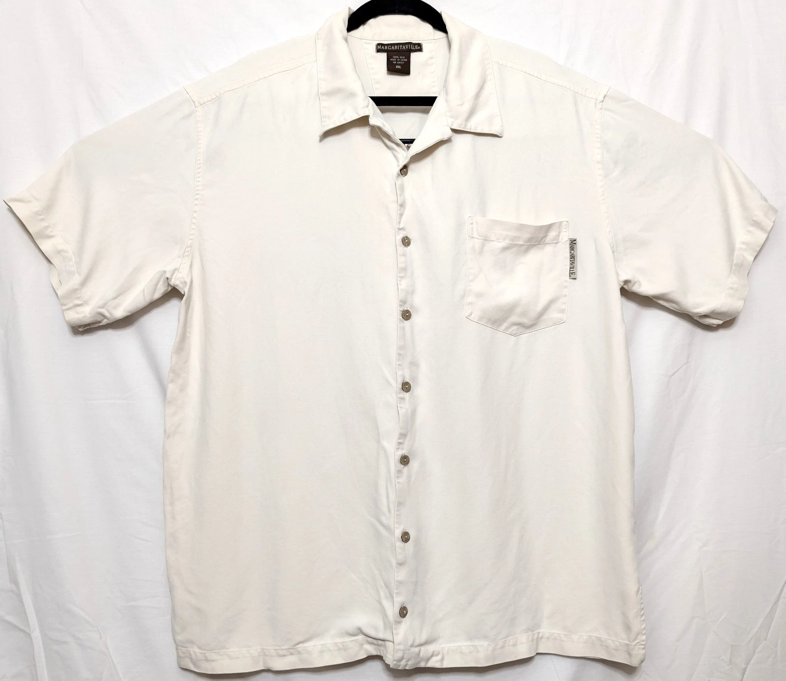 Margaritaville 2XL Embroidered Beige 100% Silk Button Up Shirt 25" W X 30.5" L