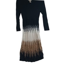 Studio One Black Cream Tan Colorblock 3/4 Sleeve Sweater Dress Small