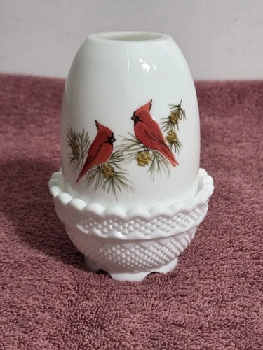 Vintage Fenton Art Glass Hand Painted Cardinals on White Milk Glass Fairy Lamp