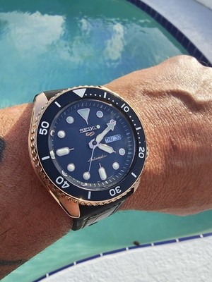 Seiko 5 Sports SRPD76K1 Rose Gold Black Dial Auto OEM Seiko Strap