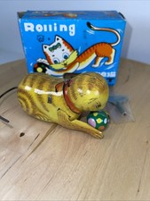 Vintage Blic Wind Up Tin Toy Rolling Cat With Ball Tin Litho NIB Collectors