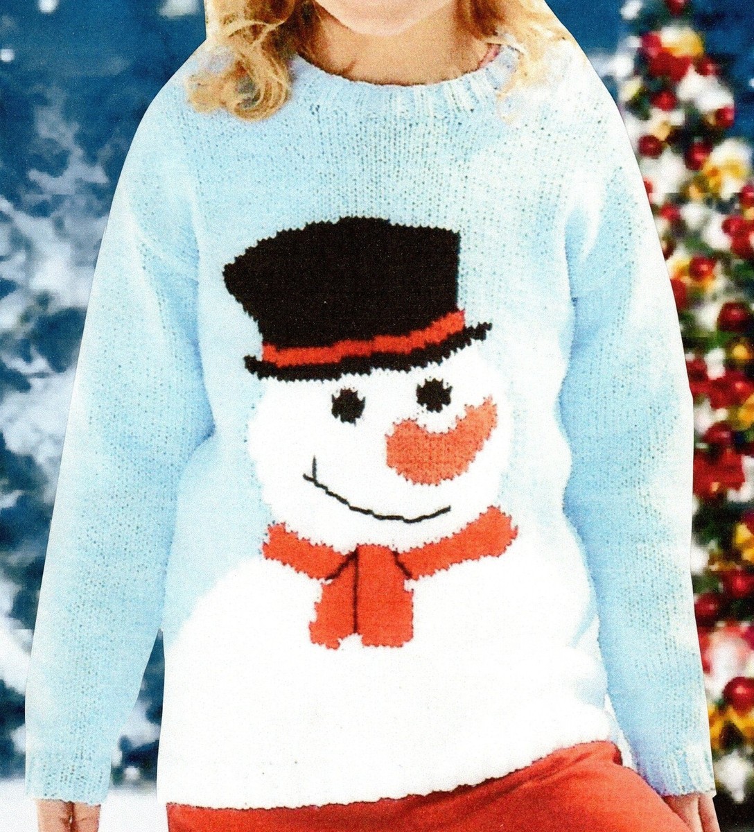Child's Christmas snowman jumper knitting pattern in Ages to 13