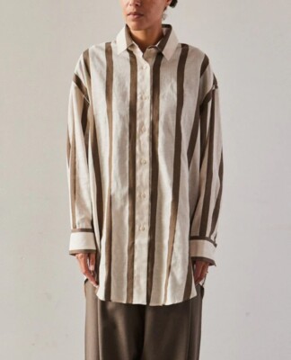 NWT Cordera Wide Stripes Shirt Cotton Linen Blend Button Up Unisex Vetiver Ecru
