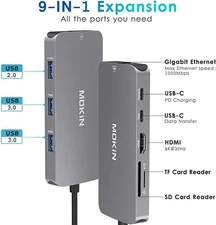 9in1 USB C Adapters with 3 USB Ports, HDMI, RJ45, 100W Charging, Card reader