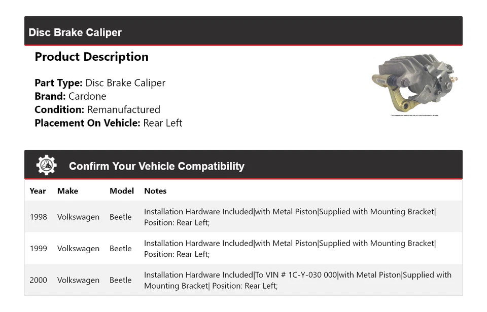Pinza de freno de disco trasera izquierda cardone 1999 para Volkswagen Beetle 1998-2000 Foto 2 de 4