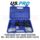 US PRO Tools Threaded Nut Hand Riveter M3-M12 With 100 Assorted Rivet Nuts 5465