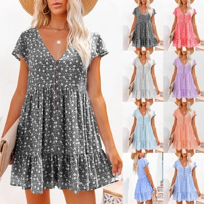 Womens Mini Smock Dress Ladies Short Sleeve Dresses Summer Holiday Beach UK6-20 - Image 1 of 4