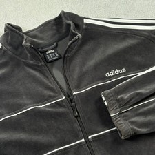 Vintage Y2K Adidas Mens Velour Track Jacket Black/Gray 3-Stripe Full Zip 2XT