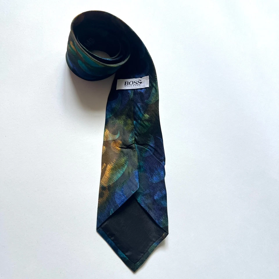 Auténtica corbata HUGO BOSS estampado abstracto azul verde sedosa hecha en Italia 60"" Foto 3 de 4