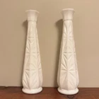 Vintage White Milk Glass Bud Vases Set of 2 Geometric Starburst Pattern 9 Inch