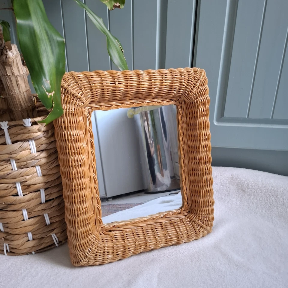 Vintage Woven Cane Wicker Rattan Rectangular Mirror Boho Scandi Cottagecore - Image 2 of 4